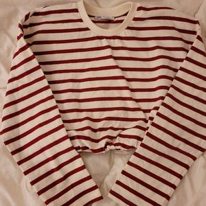 Zara Red Striped Long Sleeve Crop Top